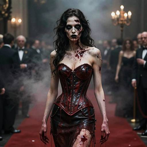 Female Zombie in Bloodstained Leather Corset at Grim Gala