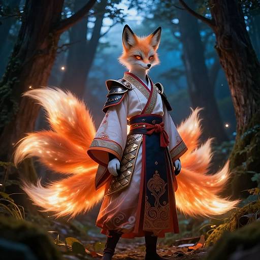 Digital art of a fiery, anthropomorphic fox warrior with nine glowing tails, wearing ornate white and red robes, in a mystical forest.