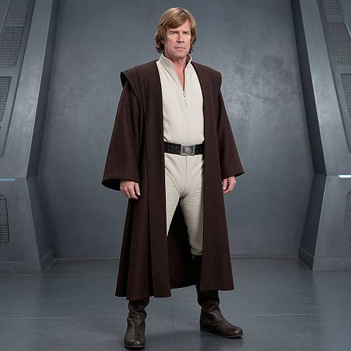 Photograph of a white-haired man in a black cloak over a white shirt and pants, standing in a futuristic, grey metallic room, reminiscent of Star