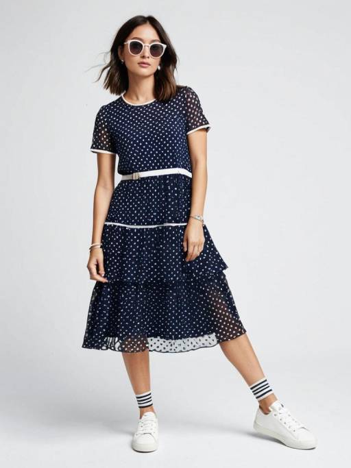 Woman in navy dotted mesh dress with sneakers