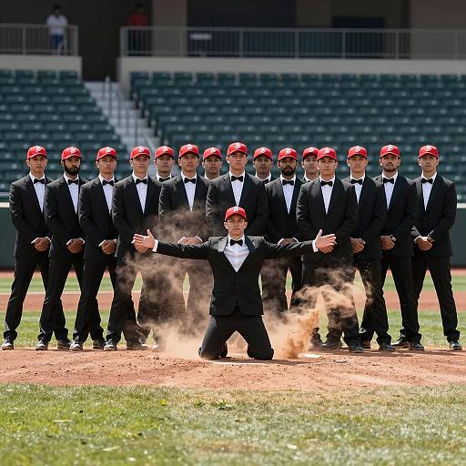 Men in Tuxedos and Red Caps on Baseball Field