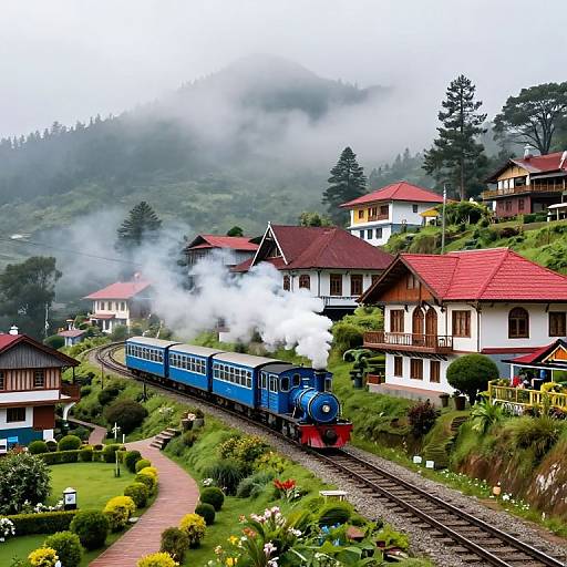 Photograph of a blue vintage steam train with white smoke, passing through a lush, hilly village with red-roofed houses, greenery,