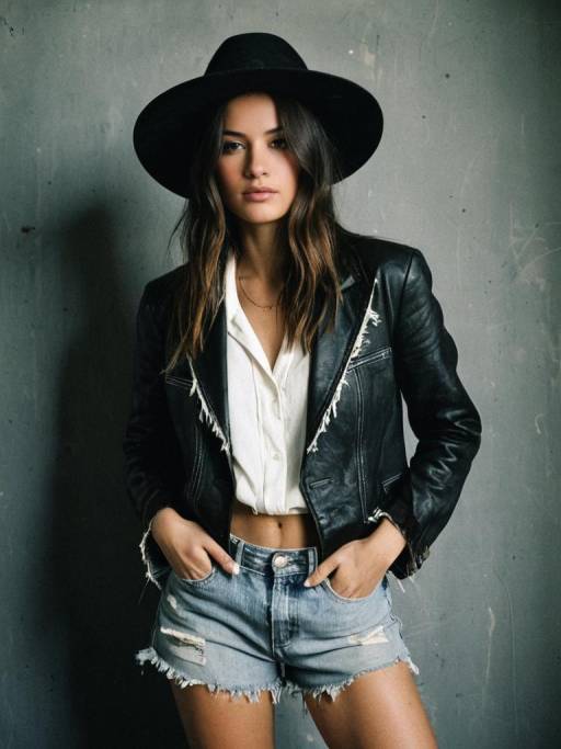 Woman in Leather Blazer and Denim Shorts with Wide-Brimmed Hat