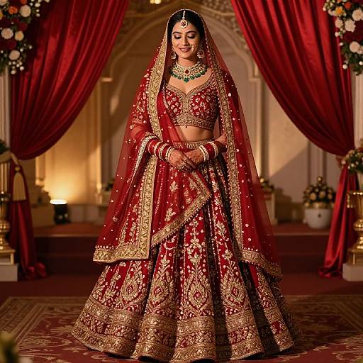 Photograph of a smiling South Asian bride in a red and gold embroidered lehenga, veil, and jewelry, standing in an ornate, warmly lit