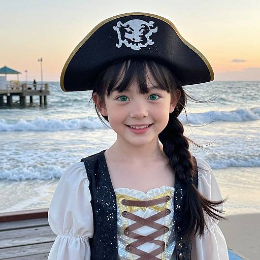 Photograph of a smiling young girl with green eyes, wearing a pirate hat, black vest, white shirt, and braid, standing on a beach