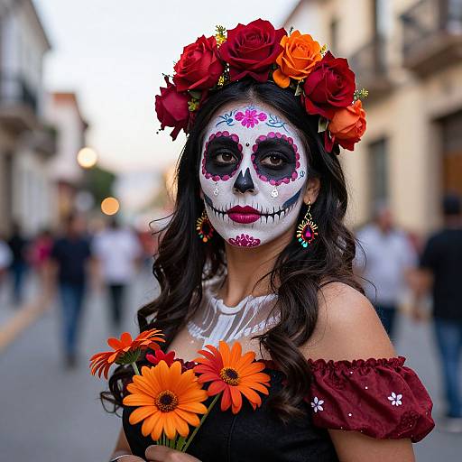 Photograph of a woman with Day of the Dead face paint, floral crown, holding orange flowers, wearing maroon off-shoulder top, in
