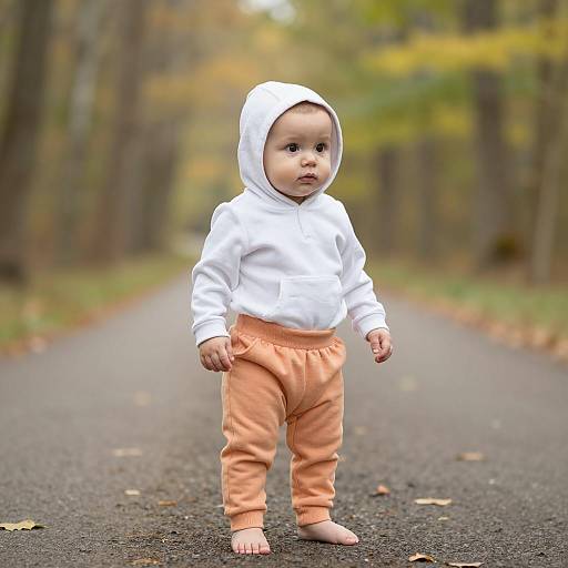 Baby Standing on Forest Path in Autumn