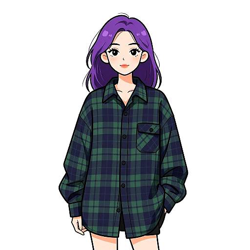 Anime Style Woman in Oversized Plaid Flannel Shirt