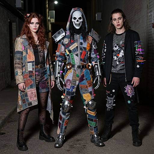Photograph of two women and a skeletal figure in colorful patchwork costumes, standing in a dimly lit urban alley.