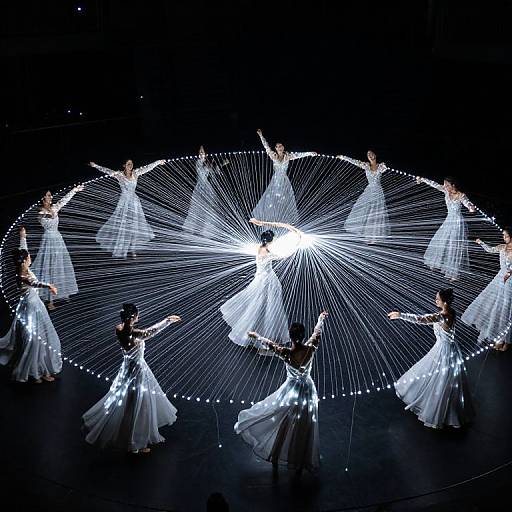Photograph of a dance performance featuring eight ballerinas in white, flowing gowns, forming a circular pattern with illuminated, radial lines against a black