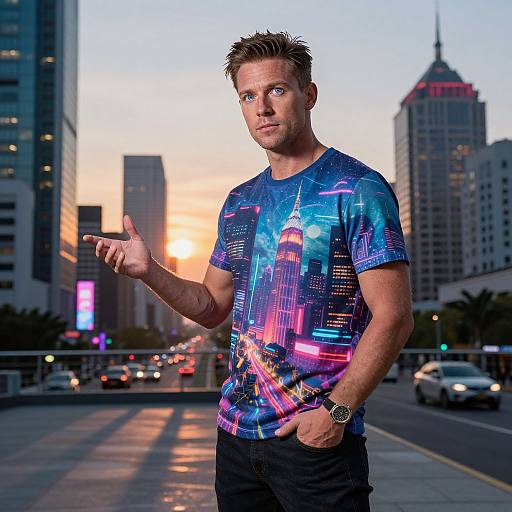 Photograph of a muscular, blonde man in a colorful, neon cityscape T-shirt, gesturing with his right hand in a sunlit urban street