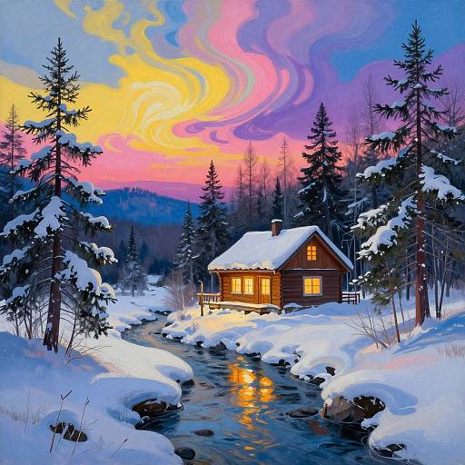Vibrant Winter Cabin at Twilight