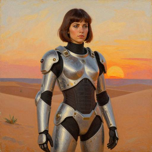 Digital painting of a serious brunette woman in silver and black armored suit, standing in a desert at sunset.