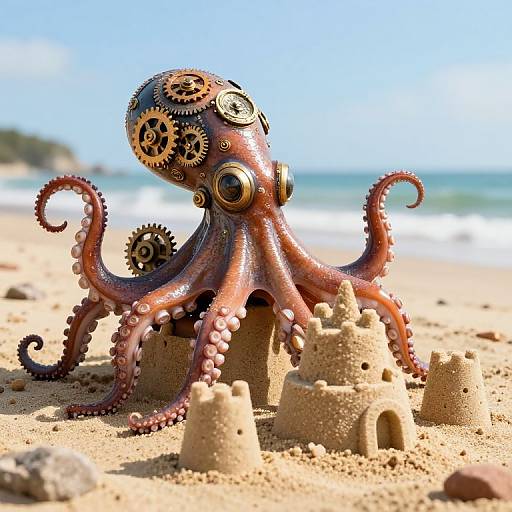 Photograph of a steampunk-style, gear-adorned pink octopus standing on a sandy beach with two small sandcastles in front.