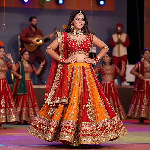 Photograph of a smiling Indian bride in a vibrant red and gold traditional lehenga, adorned with intricate embroidery, standing on a stage with a musical ensemble