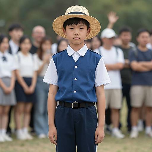 Photograph of an East Asian boy in a straw hat, blue vest over white shirt, black pants, standing front-center, with blurred group of people