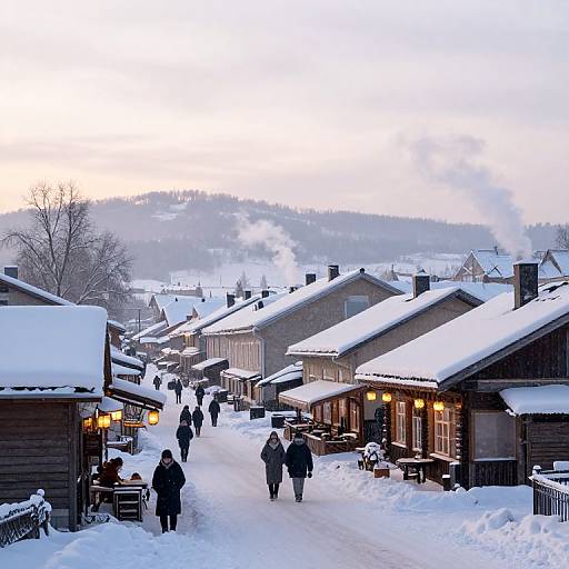 Winter village street scene: Snow-covered buildings, people walking, lanterns glowing, smoke rising, twilight sky, cozy atmosphere, Scandinavian architecture.
