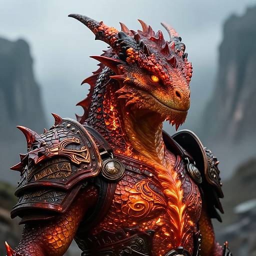 Digital artwork of a fierce, red-scaled, glowing-orange dragon warrior with intricate black armor, set against a misty, mountainous background.