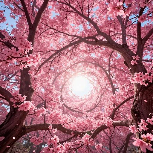 Photograph of a cherry tree canopy with vibrant pink blossoms, sun shining through, creating a circular pattern of light and petals.