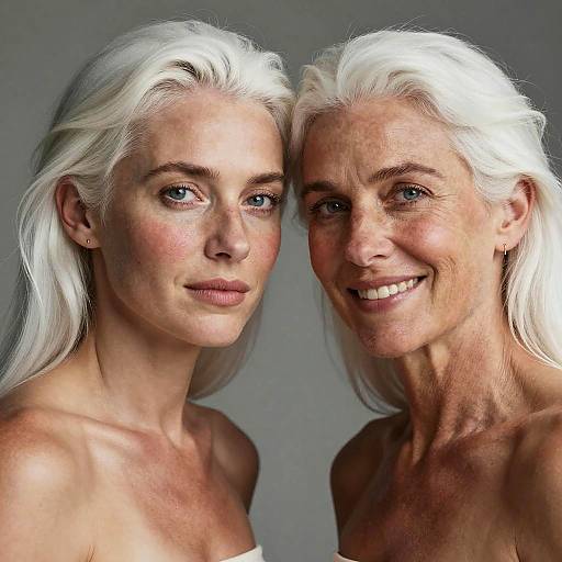Photograph of a young woman and an older woman with long, white hair, blue eyes, and fair skin, smiling closely together against a gray background