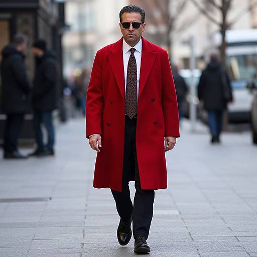 Photograph of a man in a bright red, long overcoat, black tie, white shirt, black pants, and sunglasses, walking down a blurred