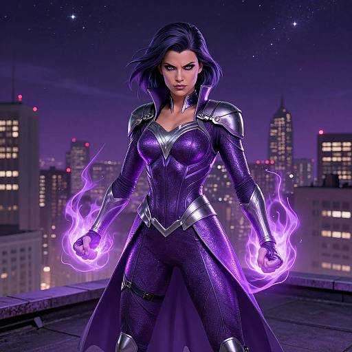 Digital art of a fierce, dark-haired woman in a purple, silver-armor bodysuit with glowing purple flames, standing on a rooftop at night