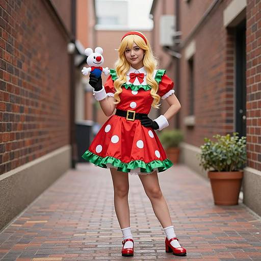 Woman in Festive Red Dress Costume Holding Puppet