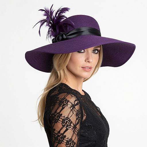 Photograph of a blonde woman in a purple wide-brimmed hat with black ribbon and feather, wearing a black lace top, against a white background