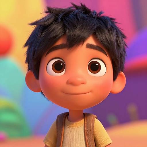 CGI image of a young boy with large brown eyes, black spiky hair, and a small smile, wearing a beige shirt and brown suspenders