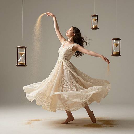 Photograph of a dancing woman in a flowing, lace, ivory dress, sprinkling sand from raised arm, surrounded by hanging lanterns.