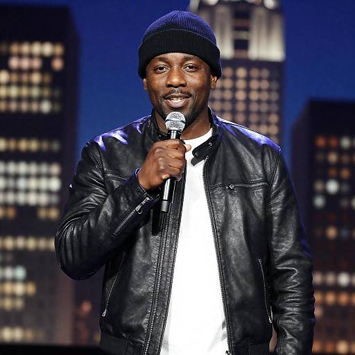 Smiling Performer Against Cityscape Background