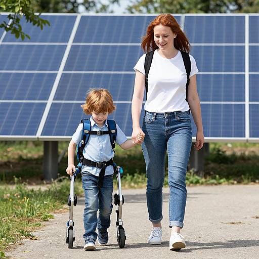 Photograph of a red-haired woman in a white shirt and jeans, holding hands with a red-haired child in a white shirt and jeans, both using