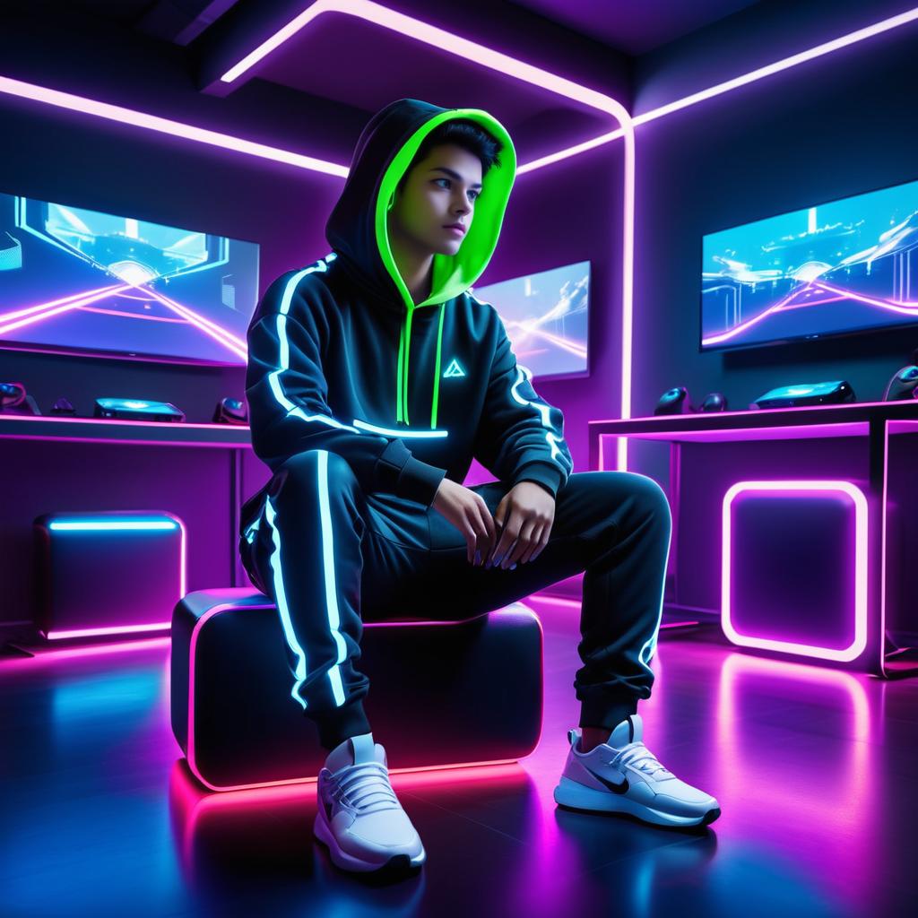 Futuristic Gamer in Neon Lounge