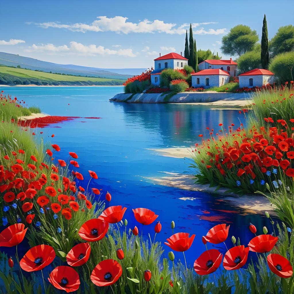 Impressionist Red Poppies by Tranquil Lake