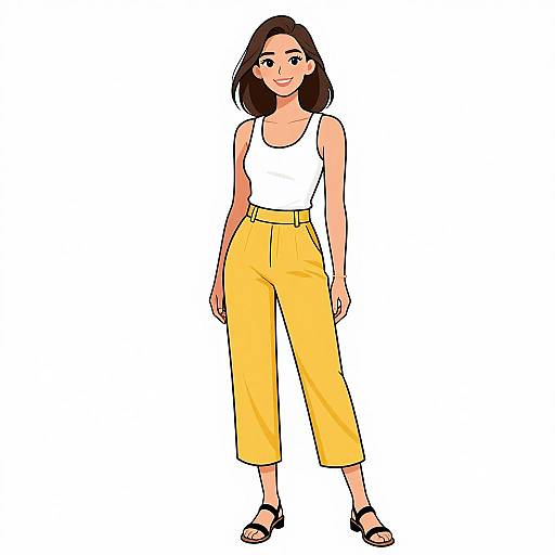 Digital illustration of a young woman with medium-length brown hair, wearing a white tank top, yellow high-waisted pants, and black sandals, standing