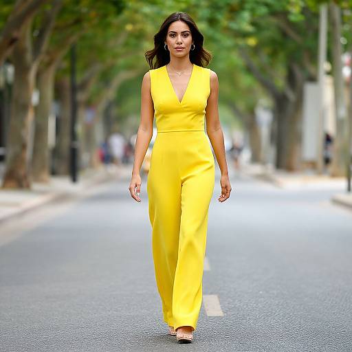 Photograph of a confident woman with medium brown skin, long dark hair, wearing a bright yellow sleeveless V-neck jumpsuit, walking down a tree