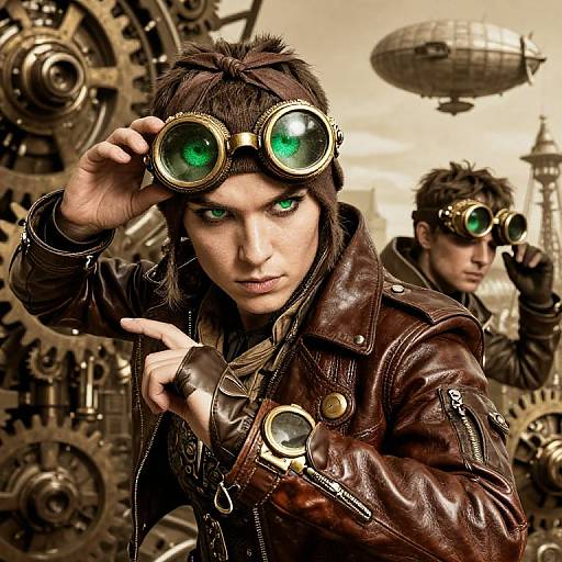 Steampunk-themed photograph of two intense, green-eyed characters with brown leather jackets, goggles, and gears in the background, evoking a vintage,