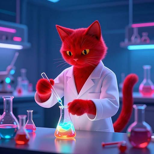 CGI image of a red anthropomorphic cat in a white lab coat, holding a test tube, mixing colorful liquids in a futuristic lab.