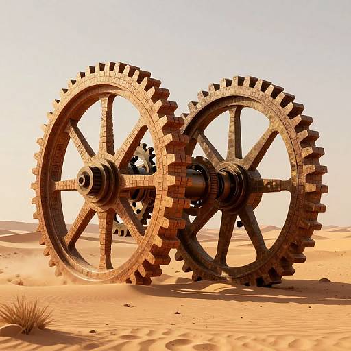 Photorealistic CGI of two large, rusty, brick-made cogwheels with thick, serrated edges standing in a sunlit, orange desert with