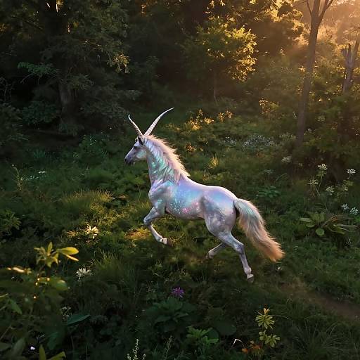 Photograph of a shimmering, white unicorn with a long, rainbow-maned tail, galloping through a sunlit, dense forest, surrounded