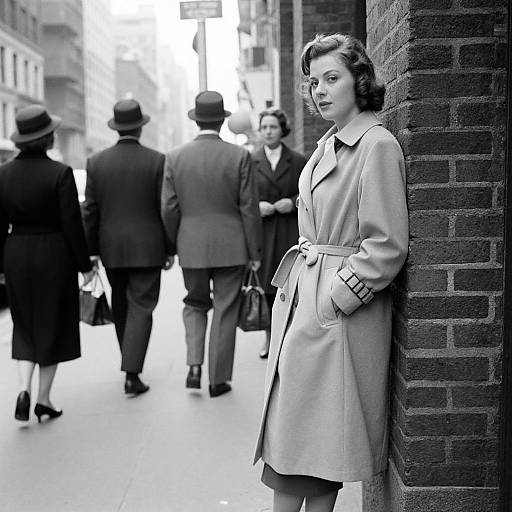 Black-and-white photograph: 1940s-style woman in belted coat leans against brick wall, observing bustling city street with men and women in vintage