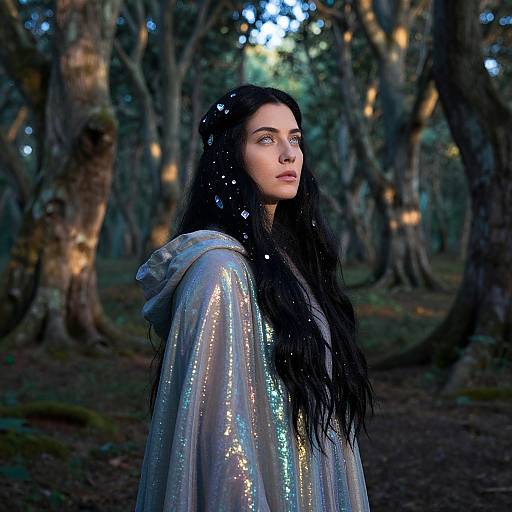 Photograph of a young woman with long black hair, wearing a shimmering silver cloak, standing in a dark forest with glowing fairy lights in the trees