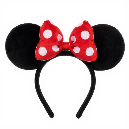 Photograph of a black headband with large black mouse ears and a red bow with white polka dots.