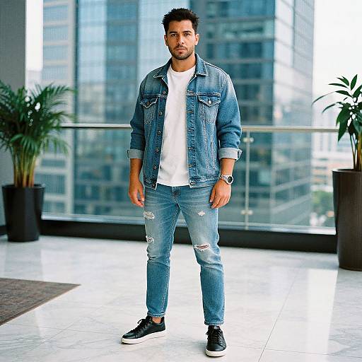 Photograph of a handsome, dark-haired man with a trimmed beard, wearing a denim jacket, white tee, ripped jeans, and black sneakers, standing