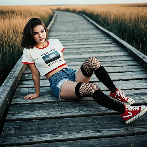Young Woman Relaxing on Wooden Boardwalk