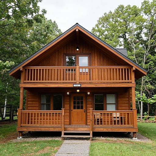 Photograph of a rustic, two-story wooden cabin with a large front porch, surrounded by lush green trees, gravel pathway, and wooden steps.
