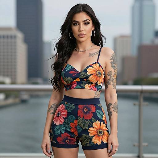 Photograph of a tattooed woman with long black hair, wearing a colorful floral crop top and shorts, standing against a cityscape background.