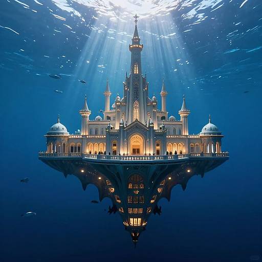Photograph of a floating, illuminated, ornate palace with Gothic and Baroque architectural elements, bathed in blue underwater light with rays from above,