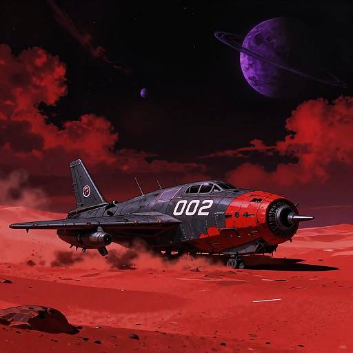 Digital artwork: A black and red military jet with 