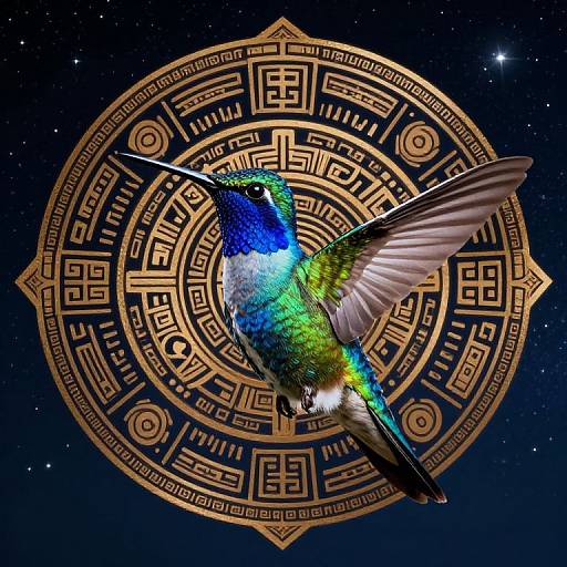 Digital artwork of a vibrant, iridescent hummingbird with green, blue, and white feathers, hovering in front of a golden, circular, geometric